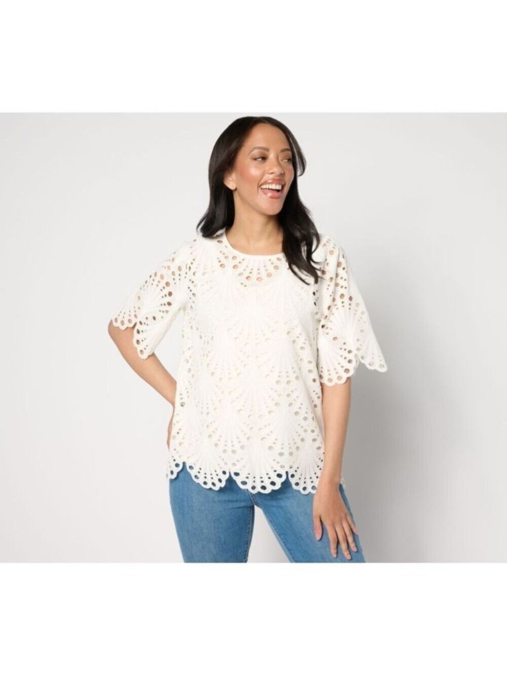 BEAUTIFUL by Lawrence Zarian Women Top Sz M Eyelet Knit Tank White A647086